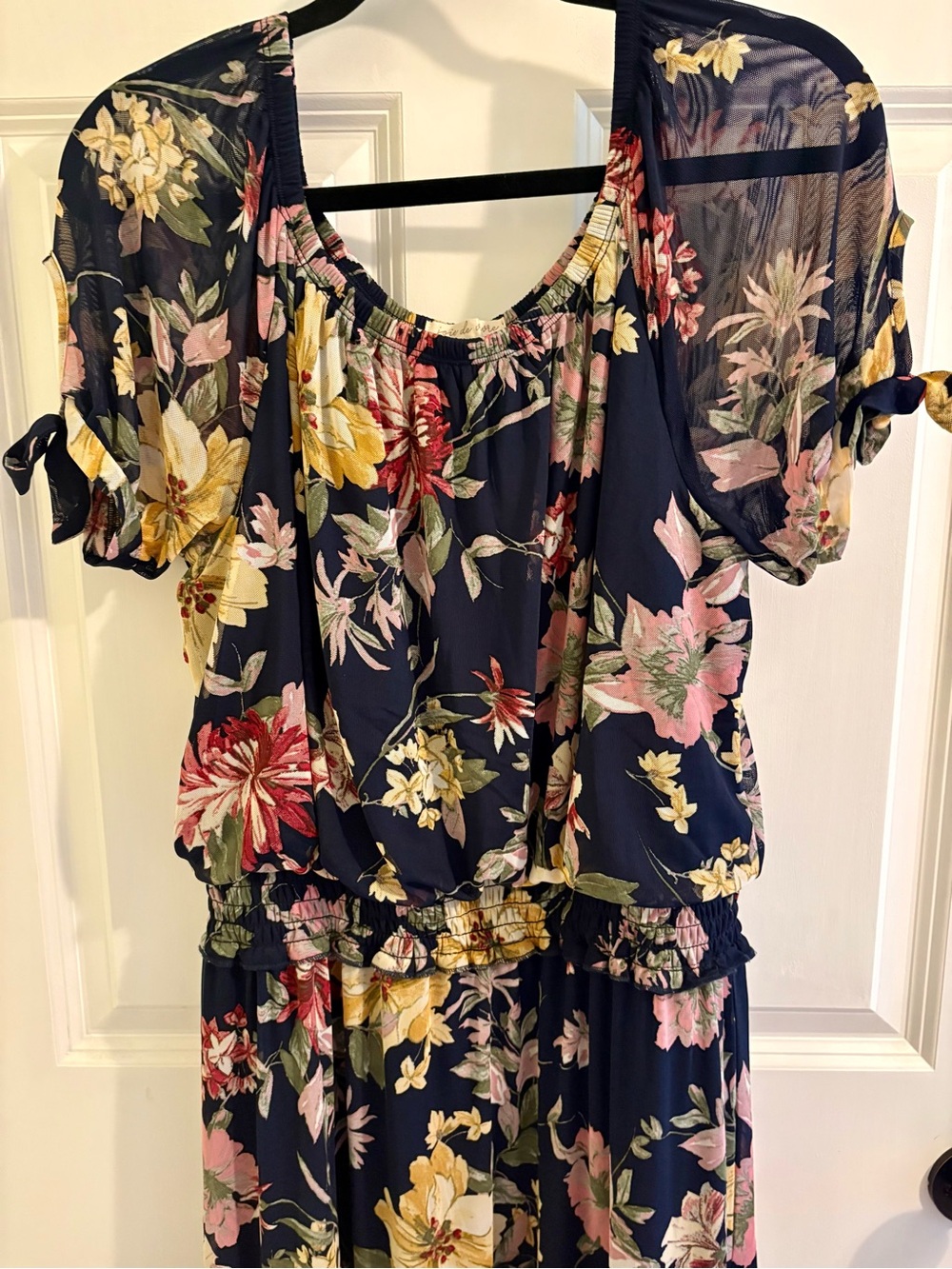 Navy Floral Maxi Dress with Short Ruffle Sleeves - Picture 2 of 9